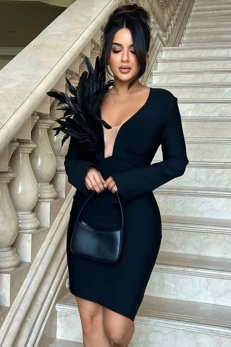 Feather Trim Deep V-Neck Long Sleeve Bandage Bodycon Mini Dress - View 2