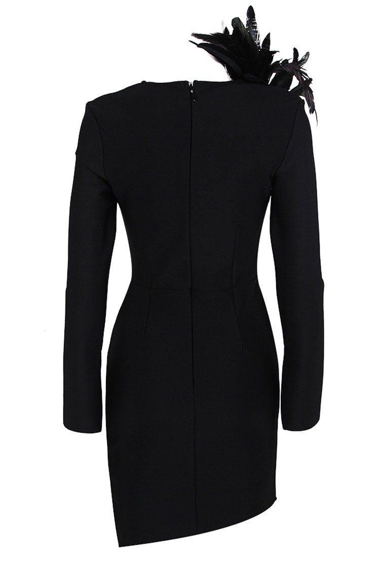 Feather Trim Deep V-Neck Long Sleeve Bandage Bodycon Mini Dress - View 4