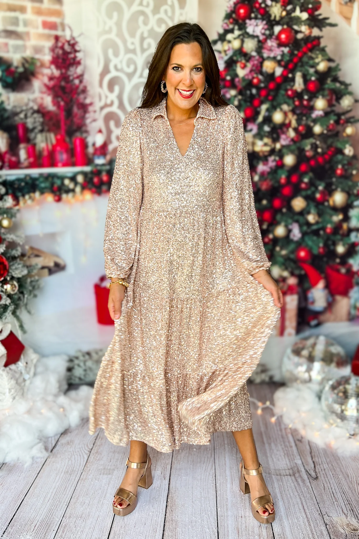 Sequin Deep V-Neck Long Sleeve Tiered Balloon Sleeve Maxi Gown - View 6