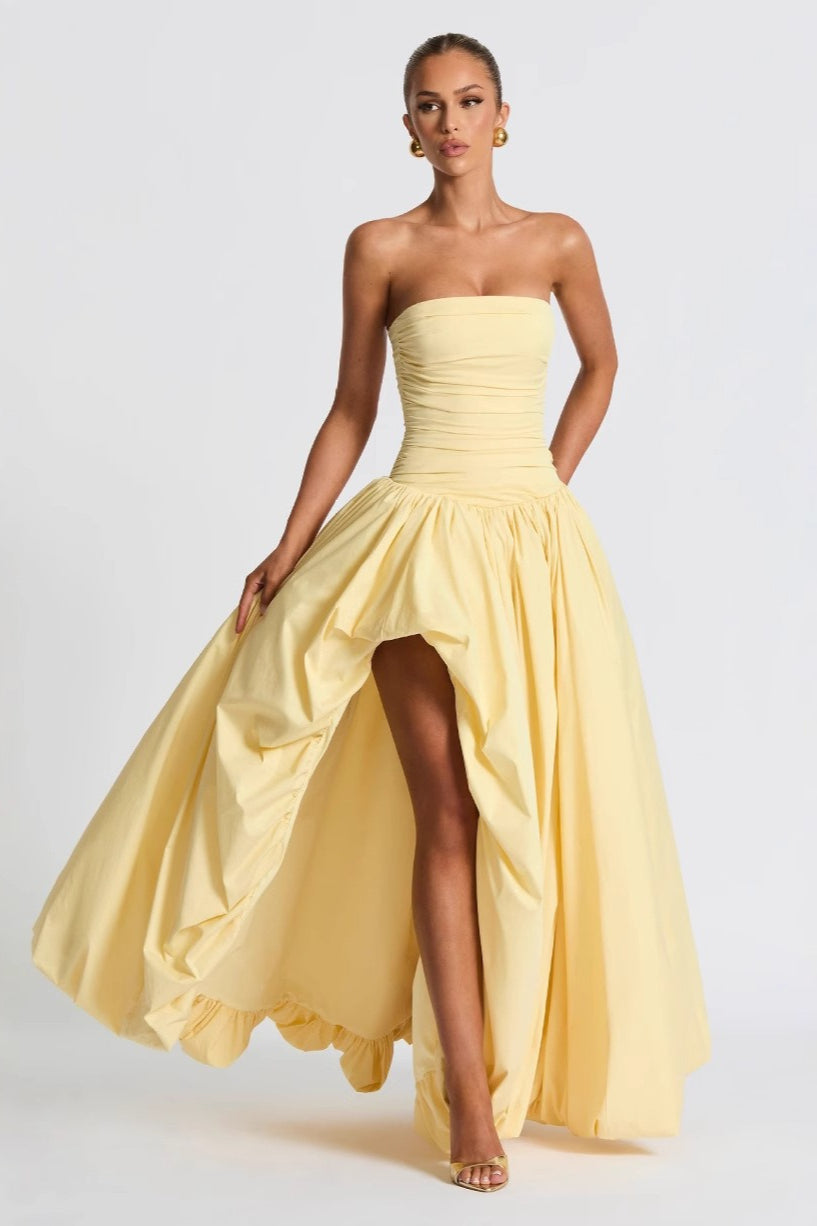 Strapless Ruched Drop Waist Bubble Hem High Low Maxi Prom Dress