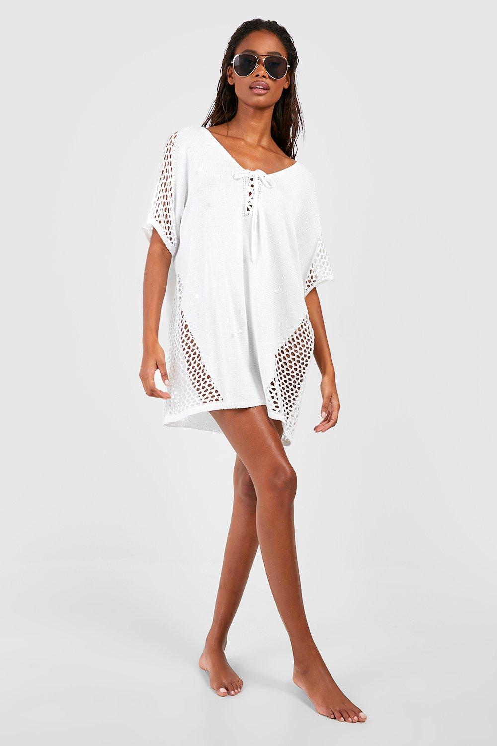Knit Crochet Panel Short Sleeve Relaxed Mini Beach Dress - View 2