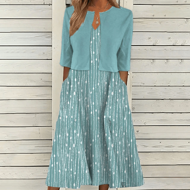 V-Neck A-Line Midi Dress Cropped Cardigan Two Piece Set