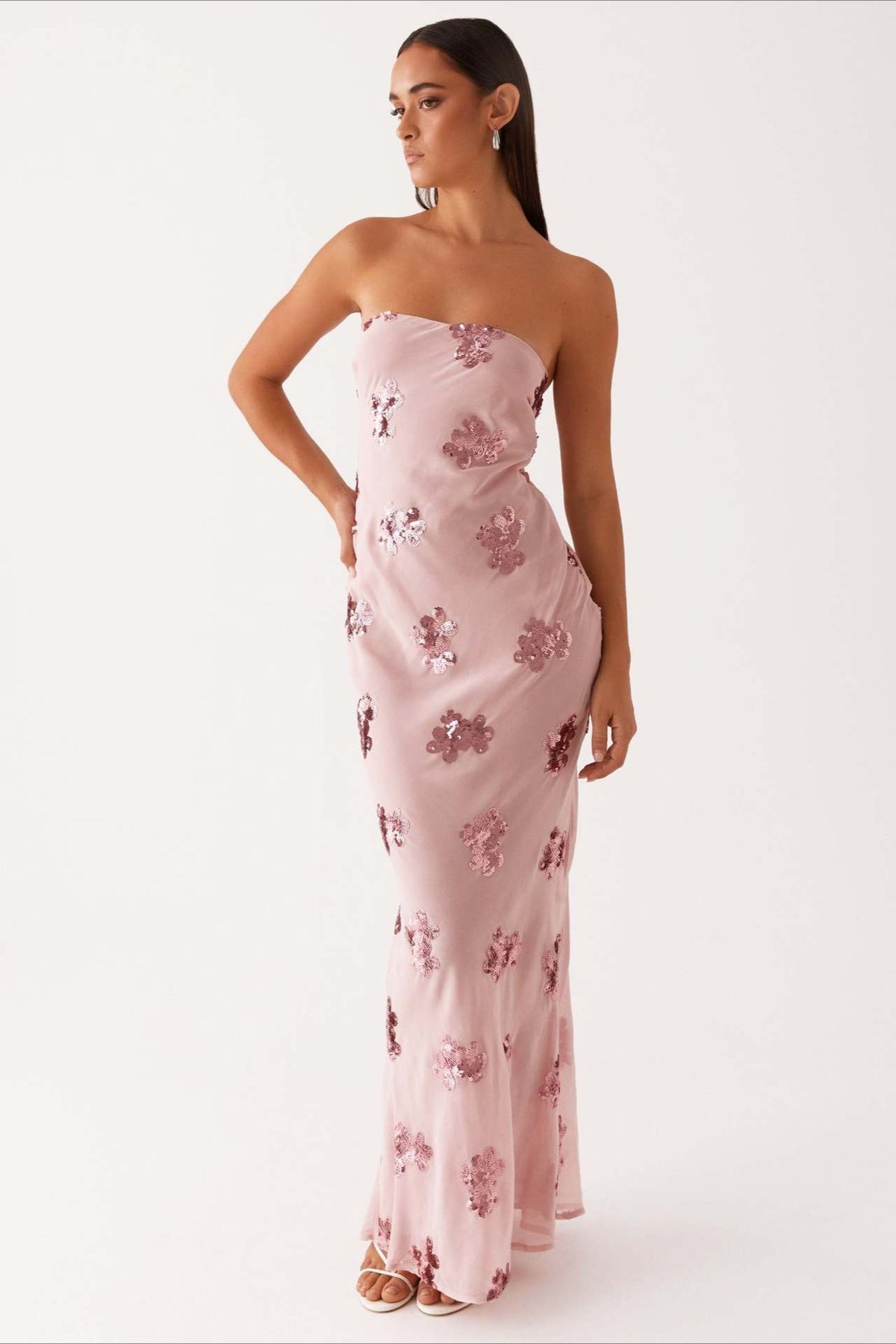 Floral Sequin Strapless Slip Maxi Gown - View 5