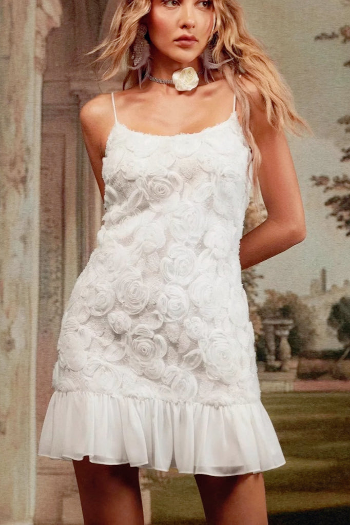 3D Flower Applique Spaghetti Strap Ruffle Hem Mini Dress - View 2