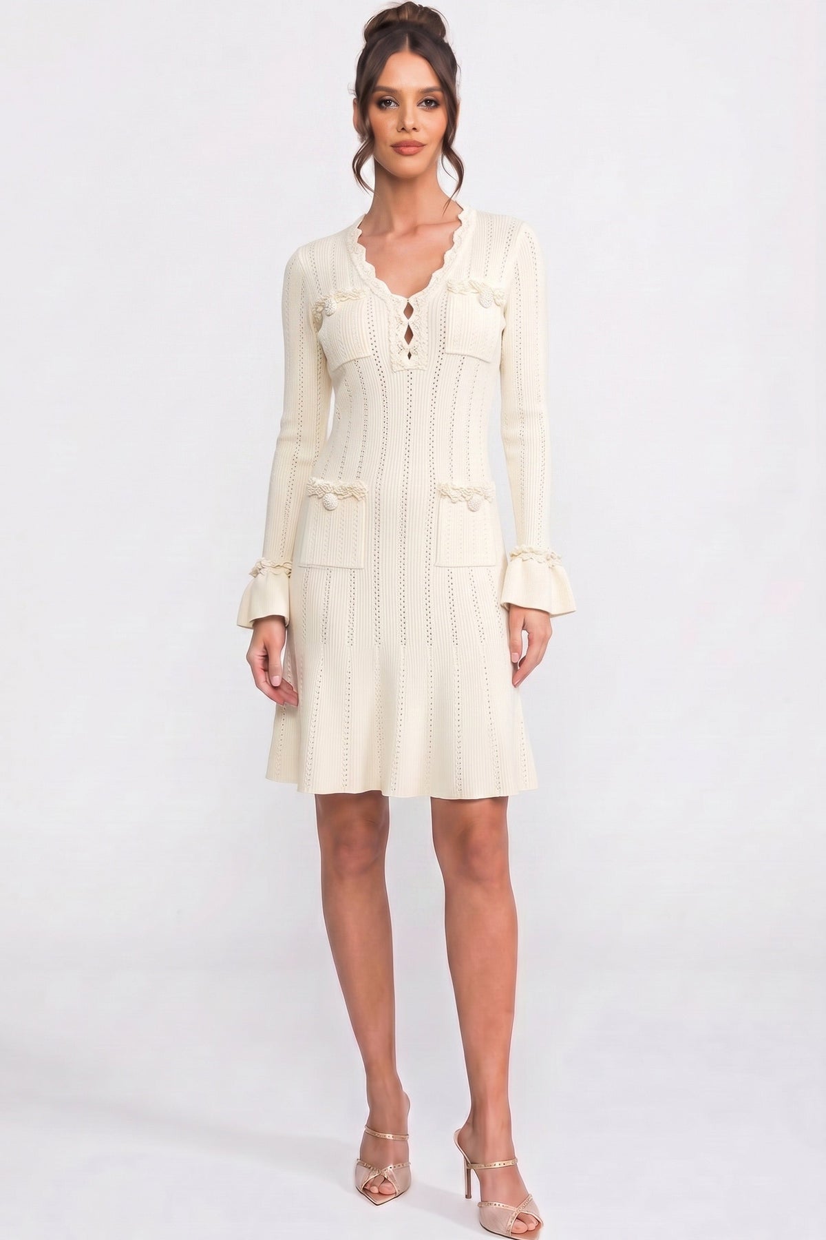 Long-Sleeve V-Neck Knit Mini Dress - Ivoire