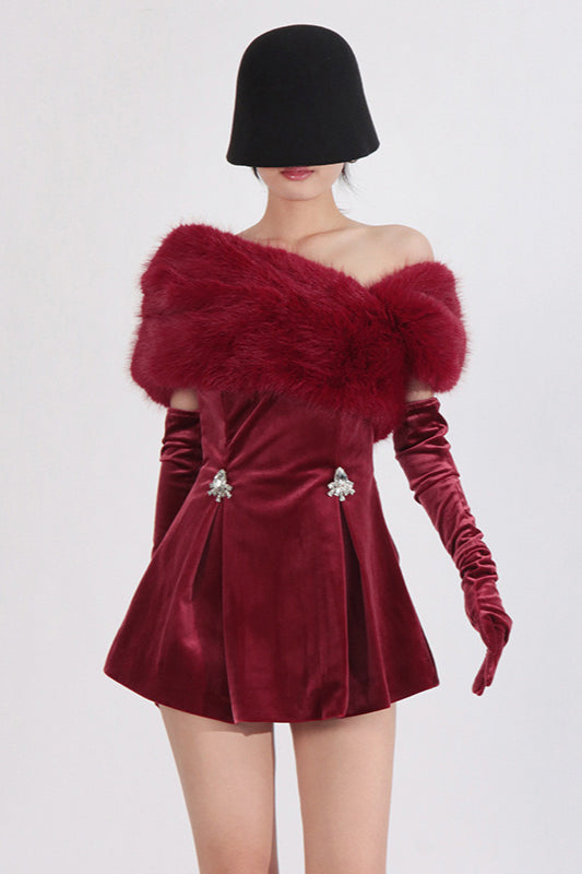 Velvet Off Shoulder Faux Fur Collar Rhinestone Pleated Mini Dress - View 3