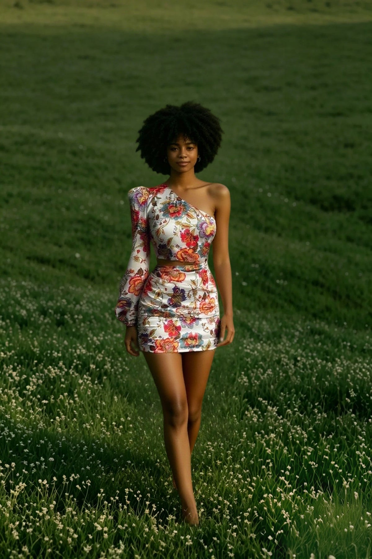 One Shoulder Long Sleeve Floral Crop Top and Mini Skirt Two Piece Set