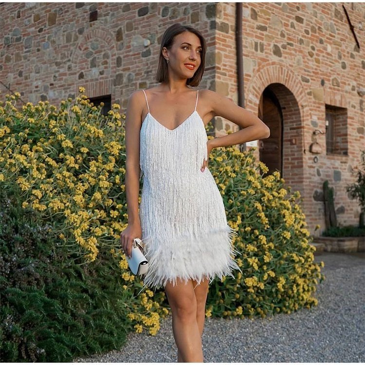 Sequin Feather Fringe Spaghetti Strap Bodycon Mini Dress - View 13