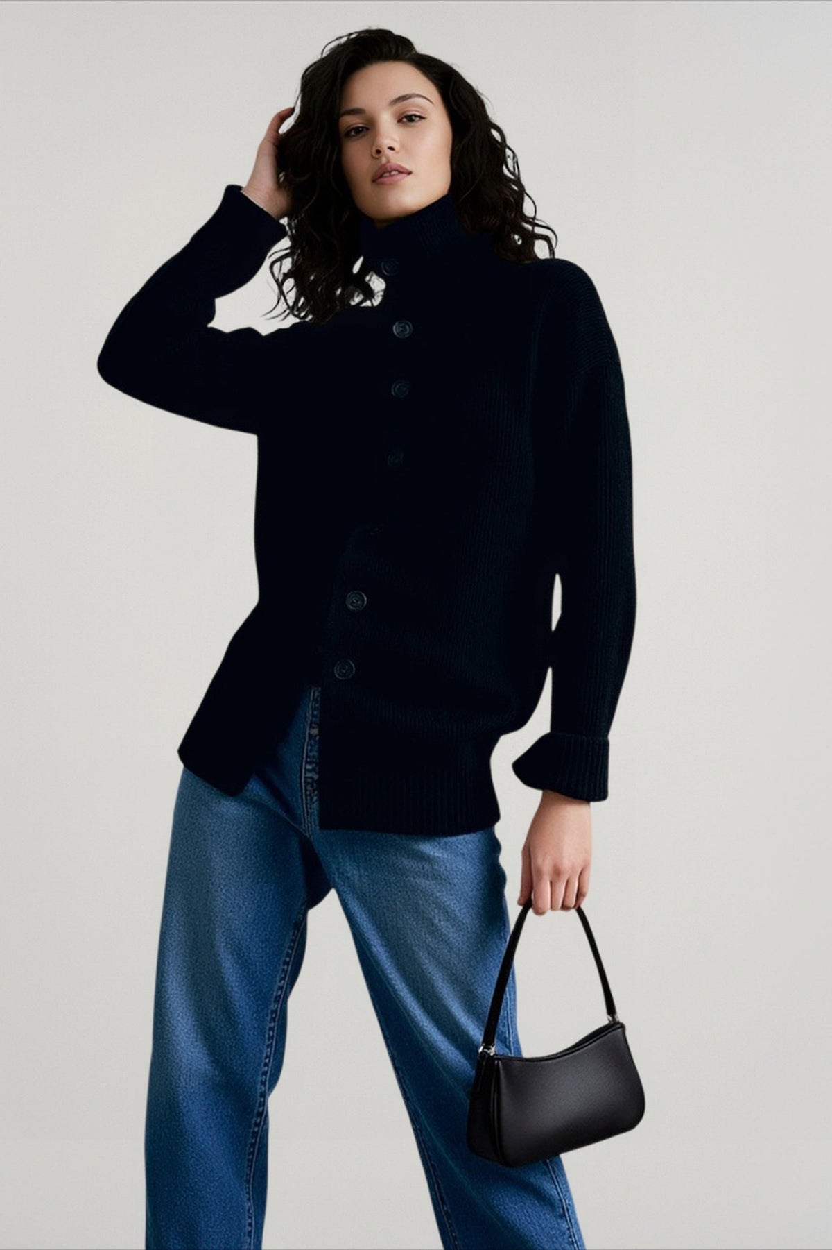 High Neck Button Front Ribbed Knit Oversized Cardigan 6