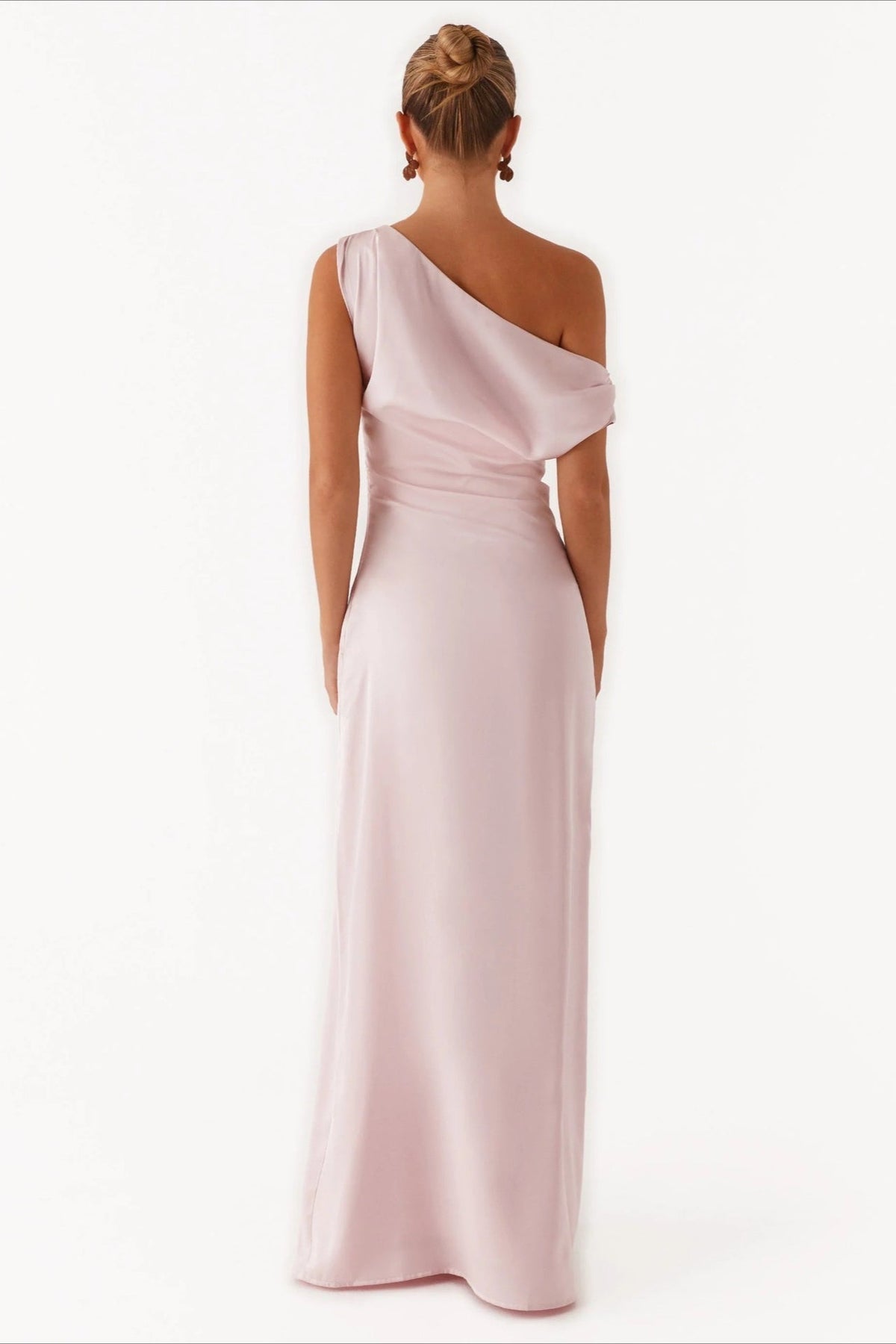 Satin Asymmetric One Shoulder Ruched Maxi Gown - View 22