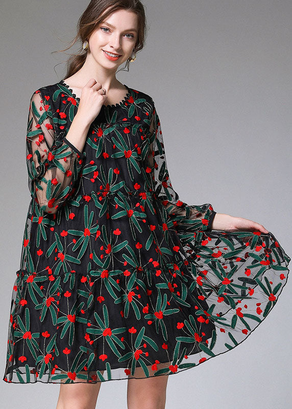 Floral Embroidered Mesh Overlay Long Sleeve A-Line Mini Dress - View 2