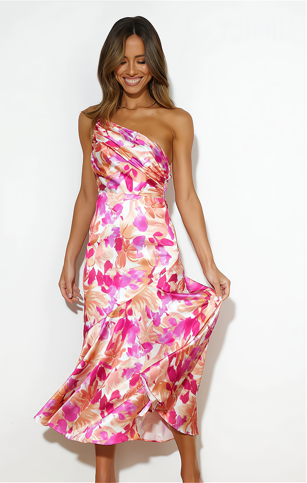 One Shoulder Floral Satin Mermaid Midi Dress - View 5