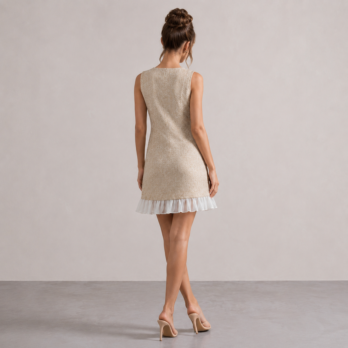 Tweed Sleeveless Round Neck Ruffle Hem Shift Mini Dress 6