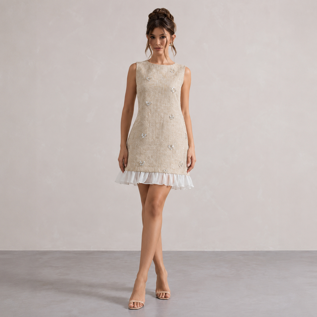 Tweed Sleeveless Round Neck Ruffle Hem Shift Mini Dress 4