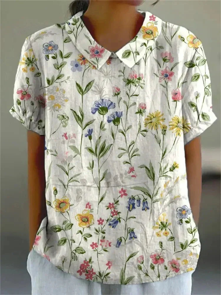 Embroidered Floral Collared Short Sleeve Linen Blouse 2