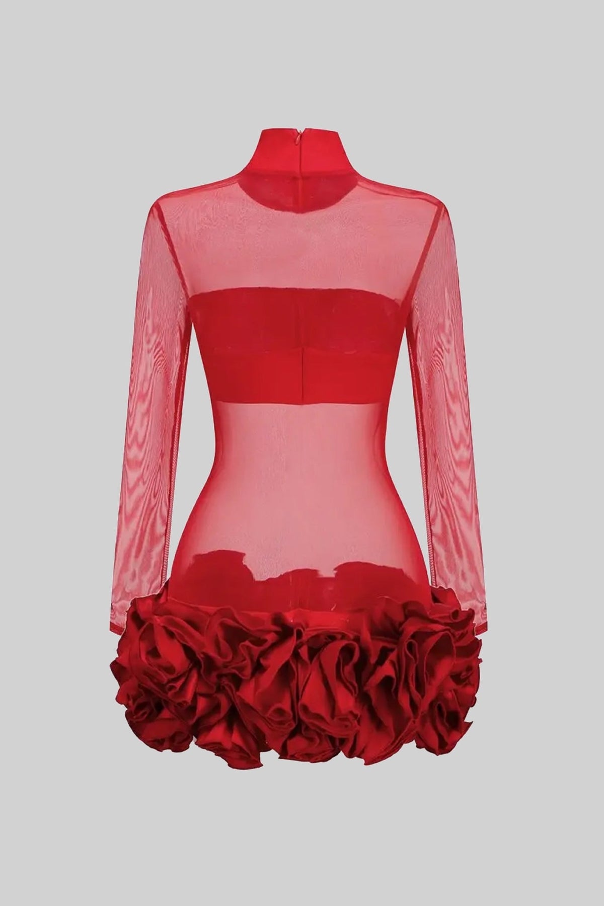 Sheer Floral Mini Dress With 3D Rosettes Hemline – Red - View 3