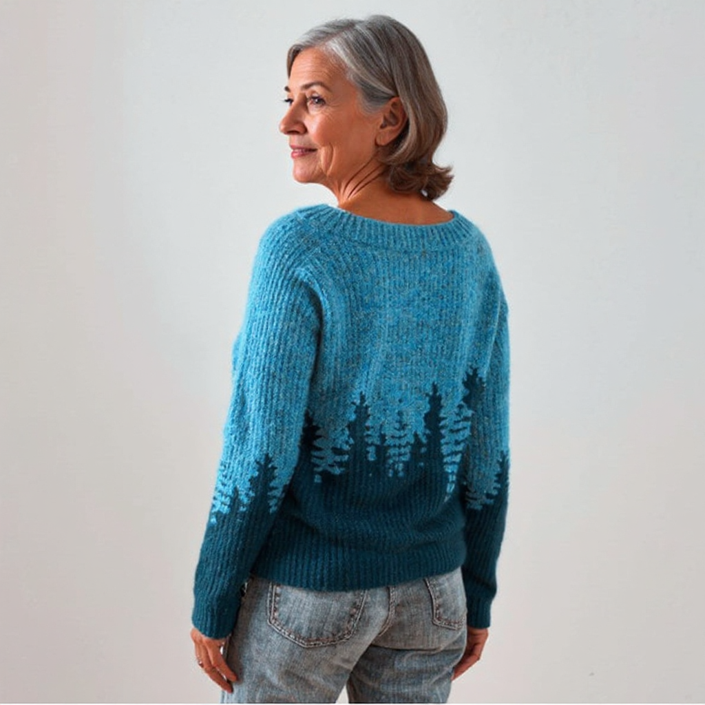 Boat Neck Long Sleeve Forest Tree Knit Sweater 3