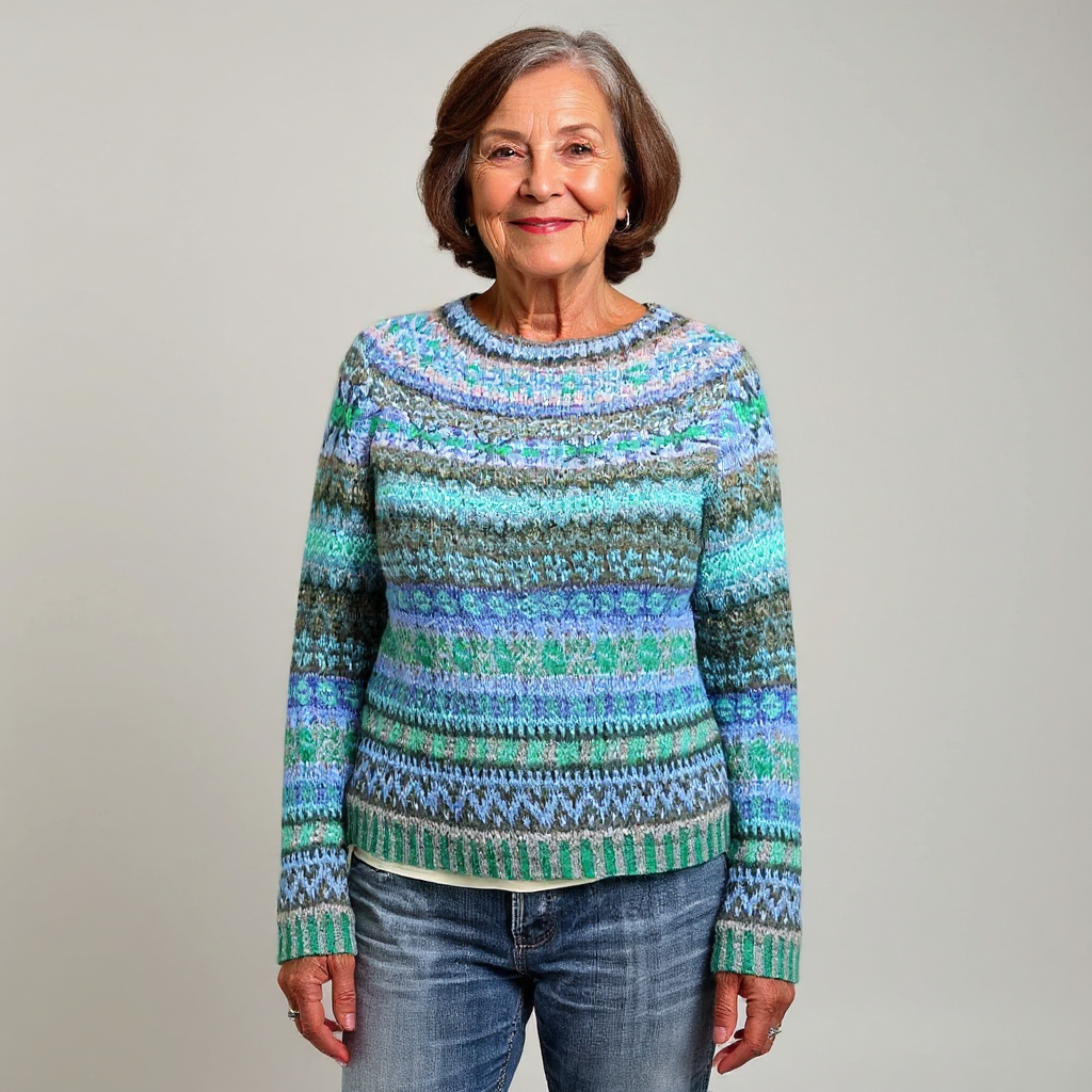 Fair Isle Crew Neck Cable Knit Sweater