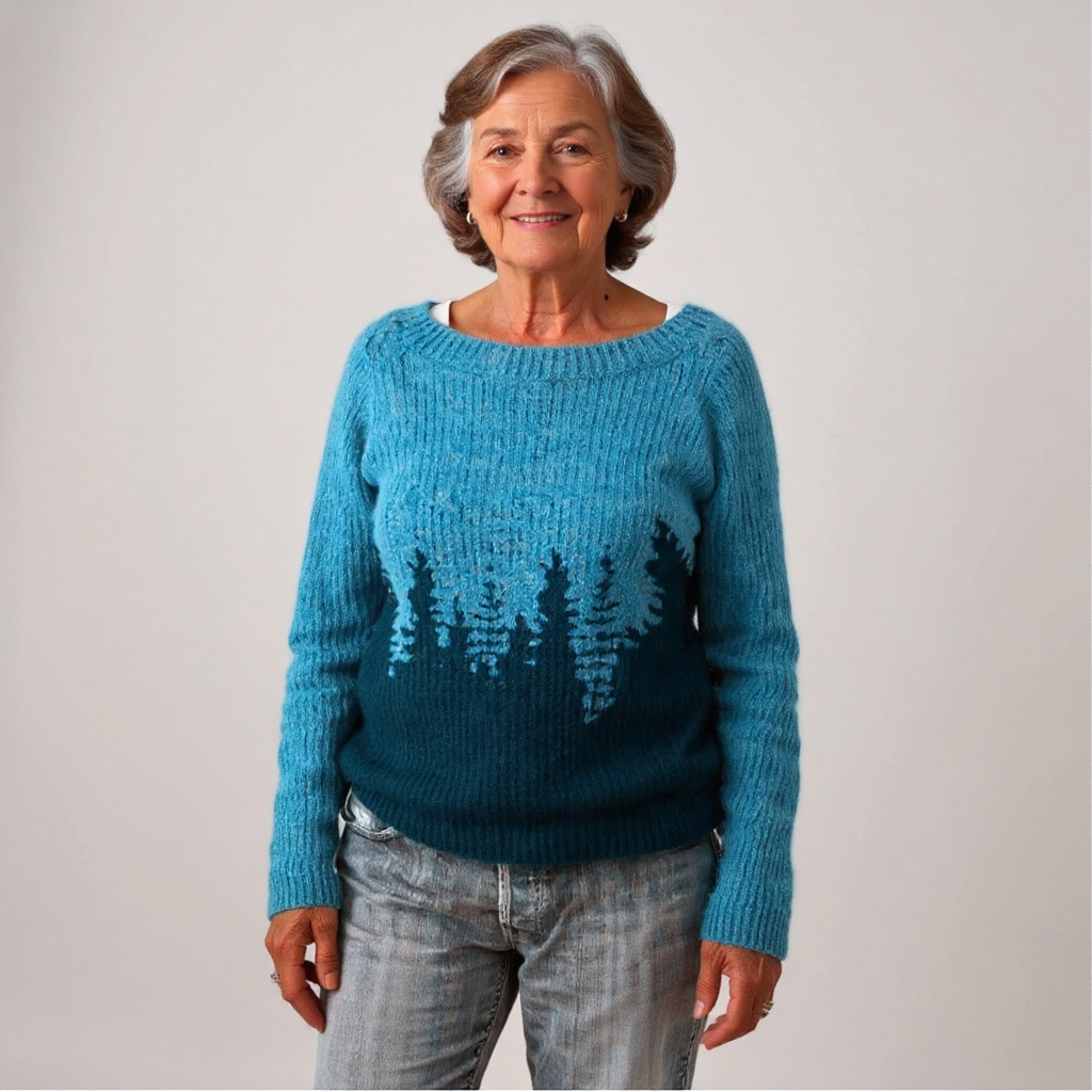 Boat Neck Long Sleeve Forest Tree Knit Sweater
