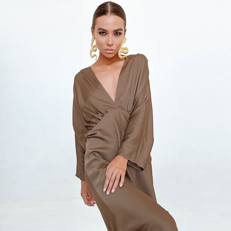 French Ruched Deep V Batwing Sleeve Cocktail Maxi Dress - Brown