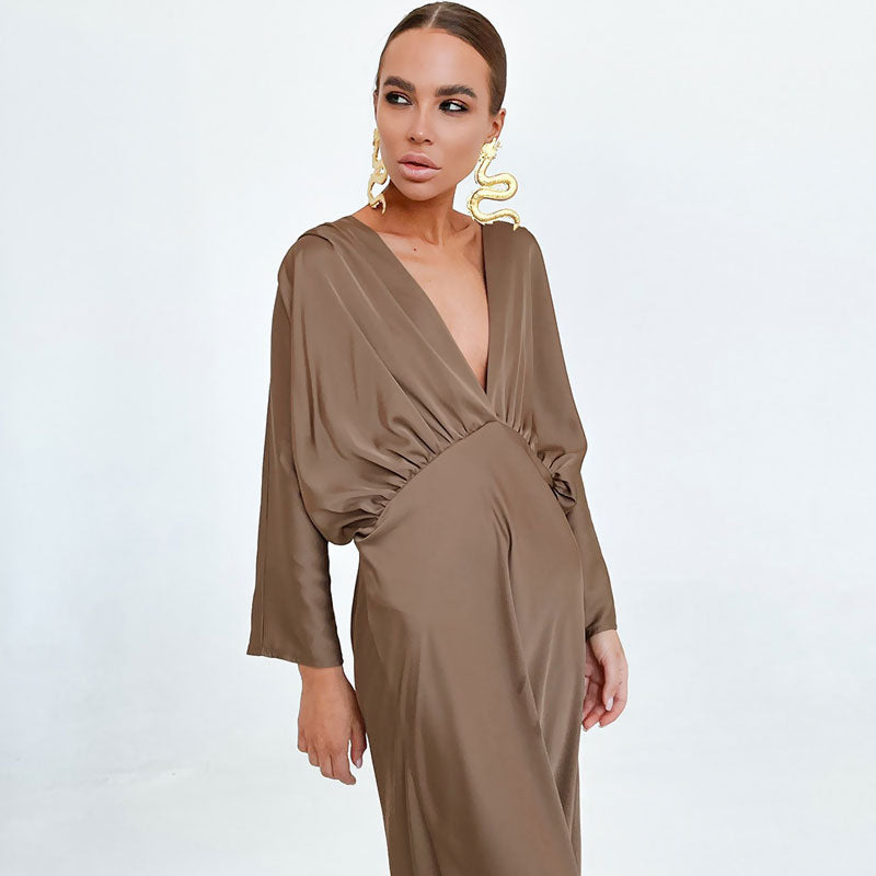 French Ruched Deep V Batwing Sleeve Cocktail Maxi Dress - Brown - View 3