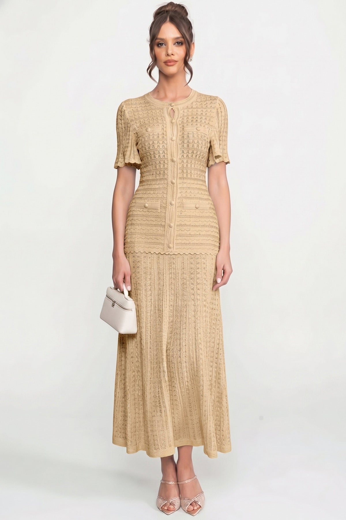 Short Sleeve Midi Dress With Shimmer Knit Texture - Beige