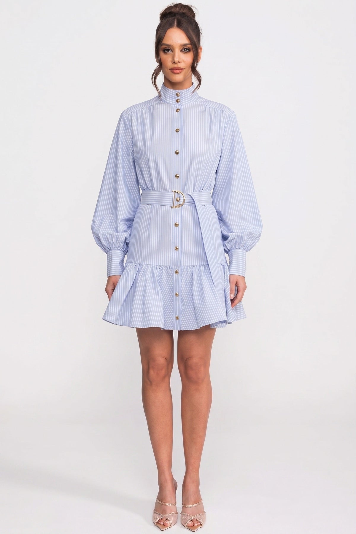 Striped High Neck Balloon Sleeve Belted Tiered Ruffle Mini Dress