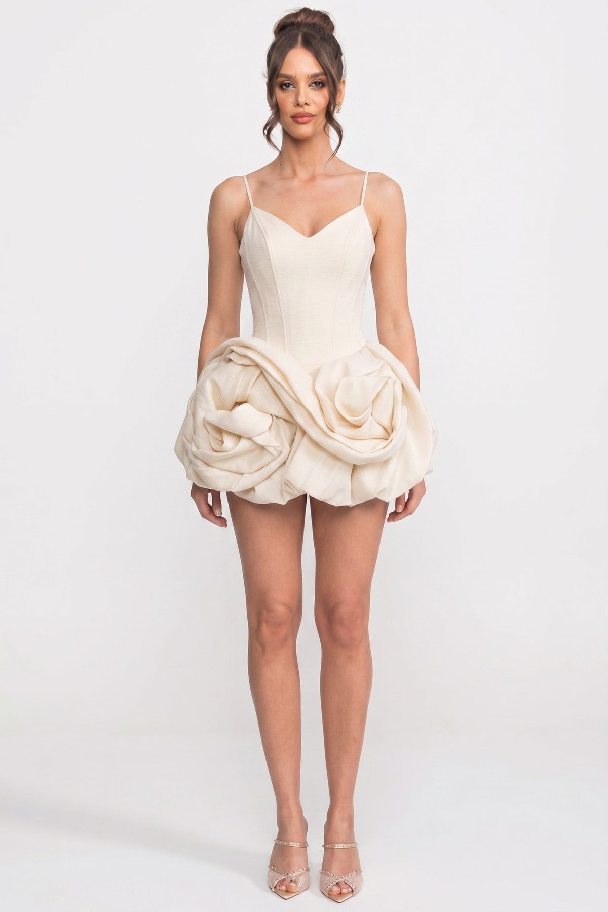 Spaghetti-Strap Velvet Mini Dress With 3D Rose Skirt - Ivoire - View 3