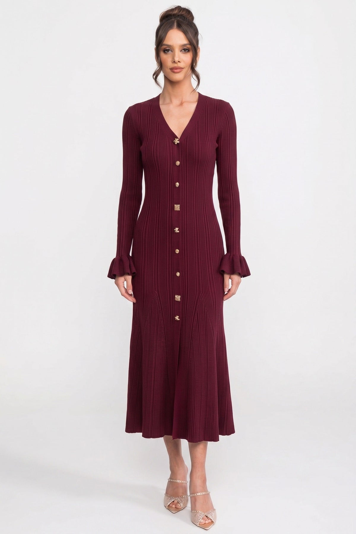 V-Neck Button-Front Ribbed Knit Maxi Dress - Burgundy