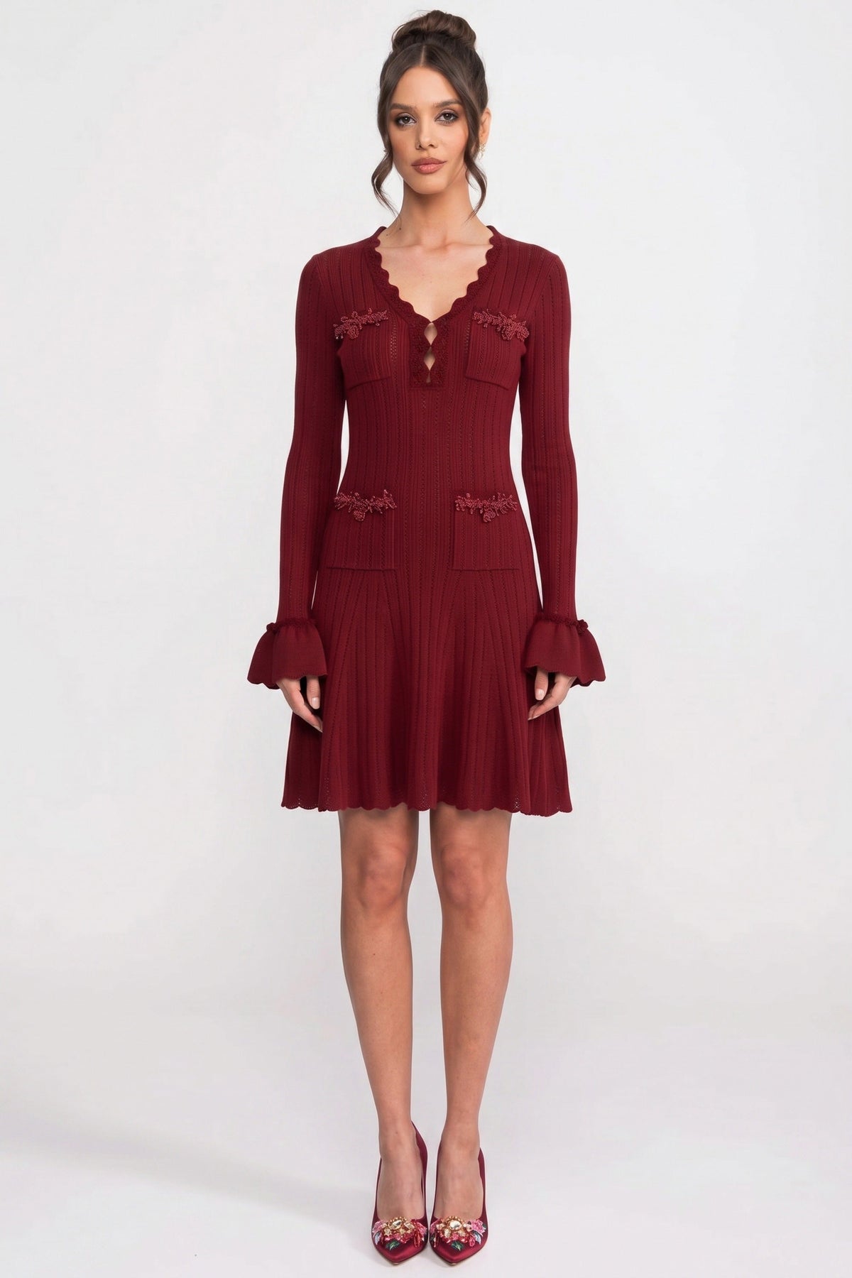 Long-Sleeve V-Neck Knit Mini Dress - Burgundy