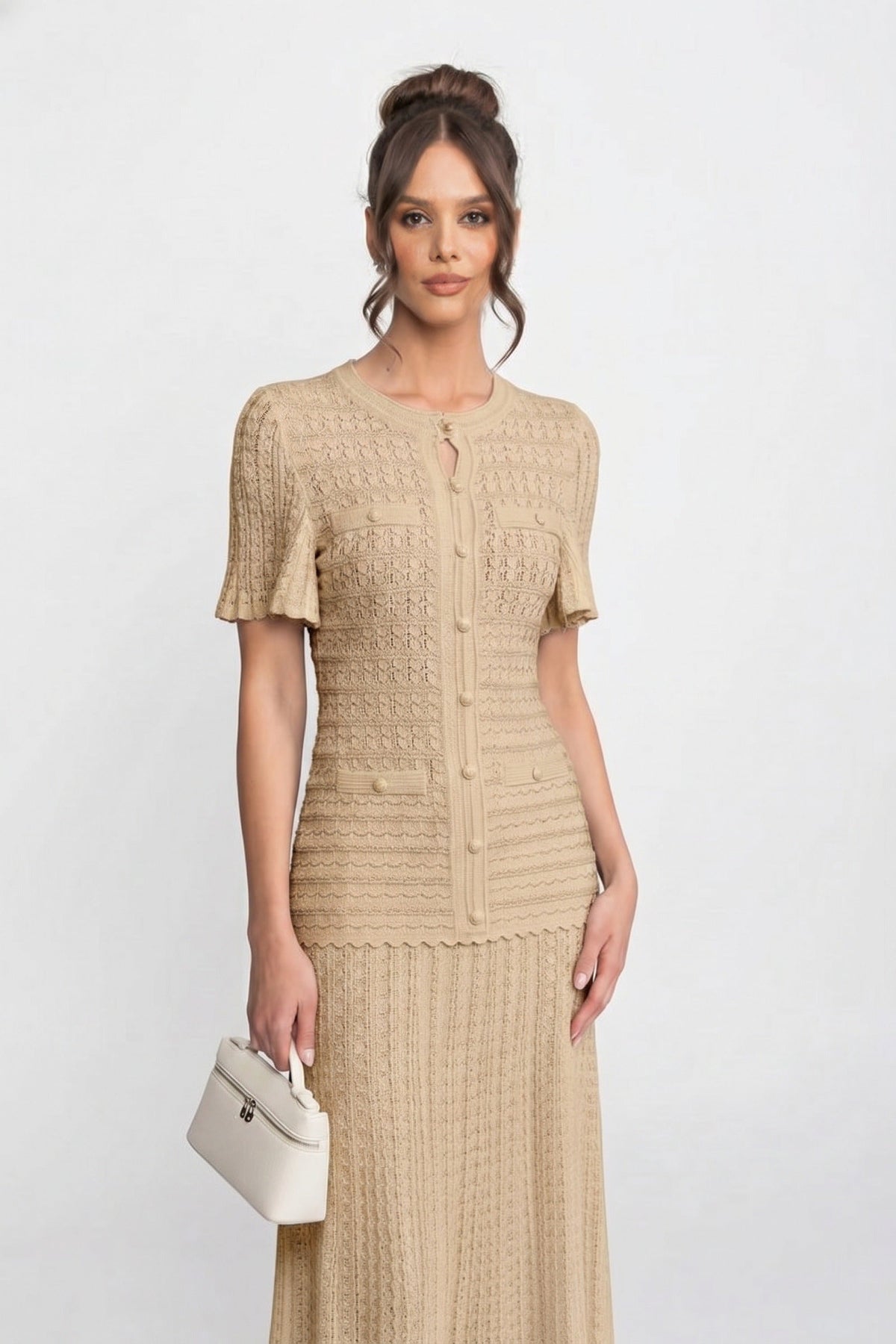 Short Sleeve Midi Dress With Shimmer Knit Texture - Beige - View 3