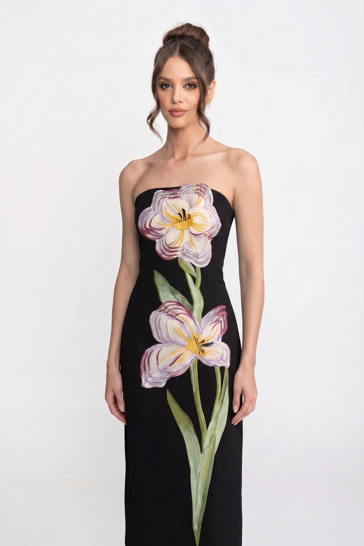 Strapless Floral-Print Midi Dress With Column Silhouette - Black - View 3