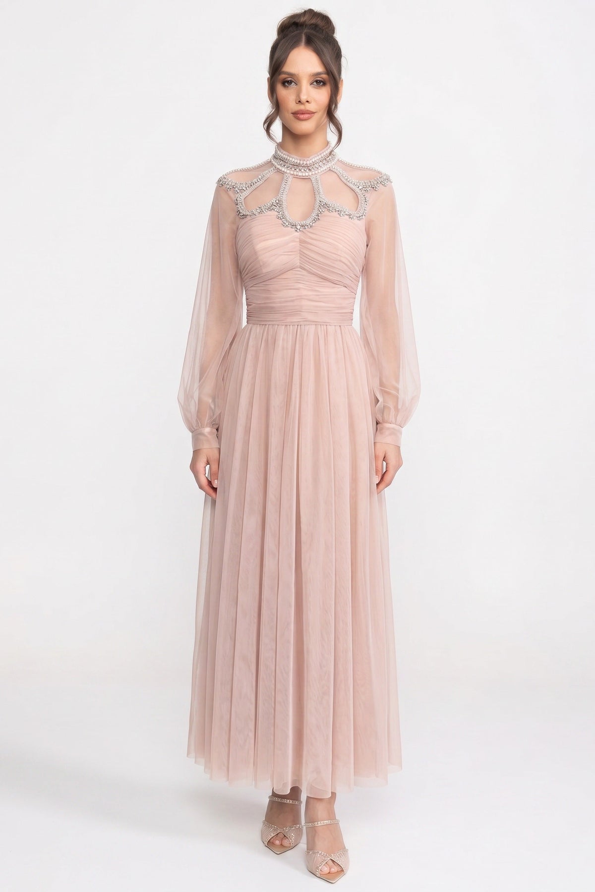 Pearl Collar Mesh Yoke Cut Out Crystal Beaded Maxi Gown