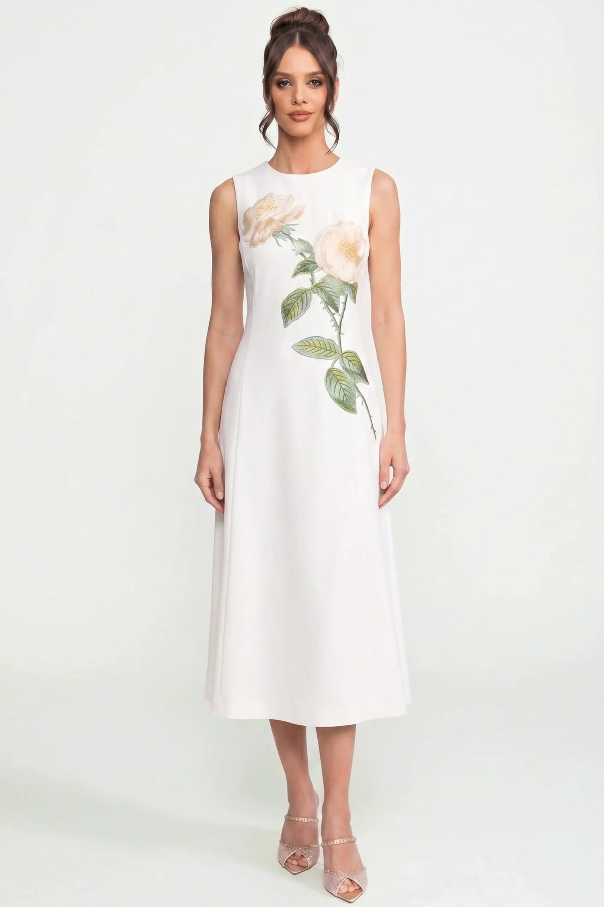 Sleeveless Midi Dress With 3D Floral Appliqué And Full Skirt - White