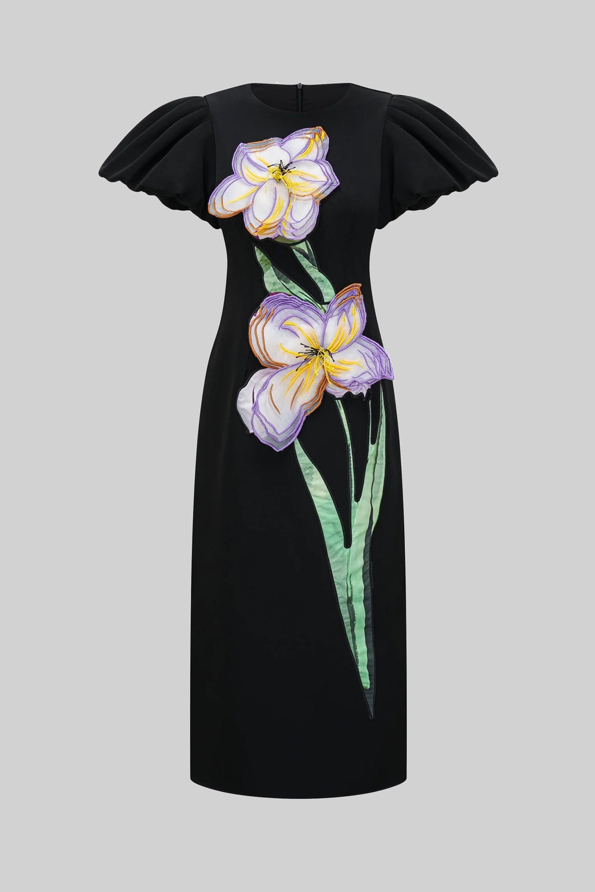 Structured Shoulder Maxi Dress With 3D Iris Floral Appliqué - Black - View 2