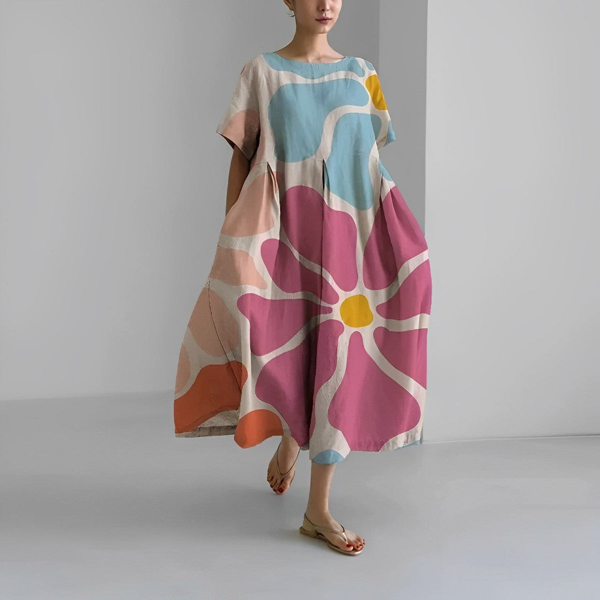Floral Print Short Sleeve Pocket Pleated Midi Dress