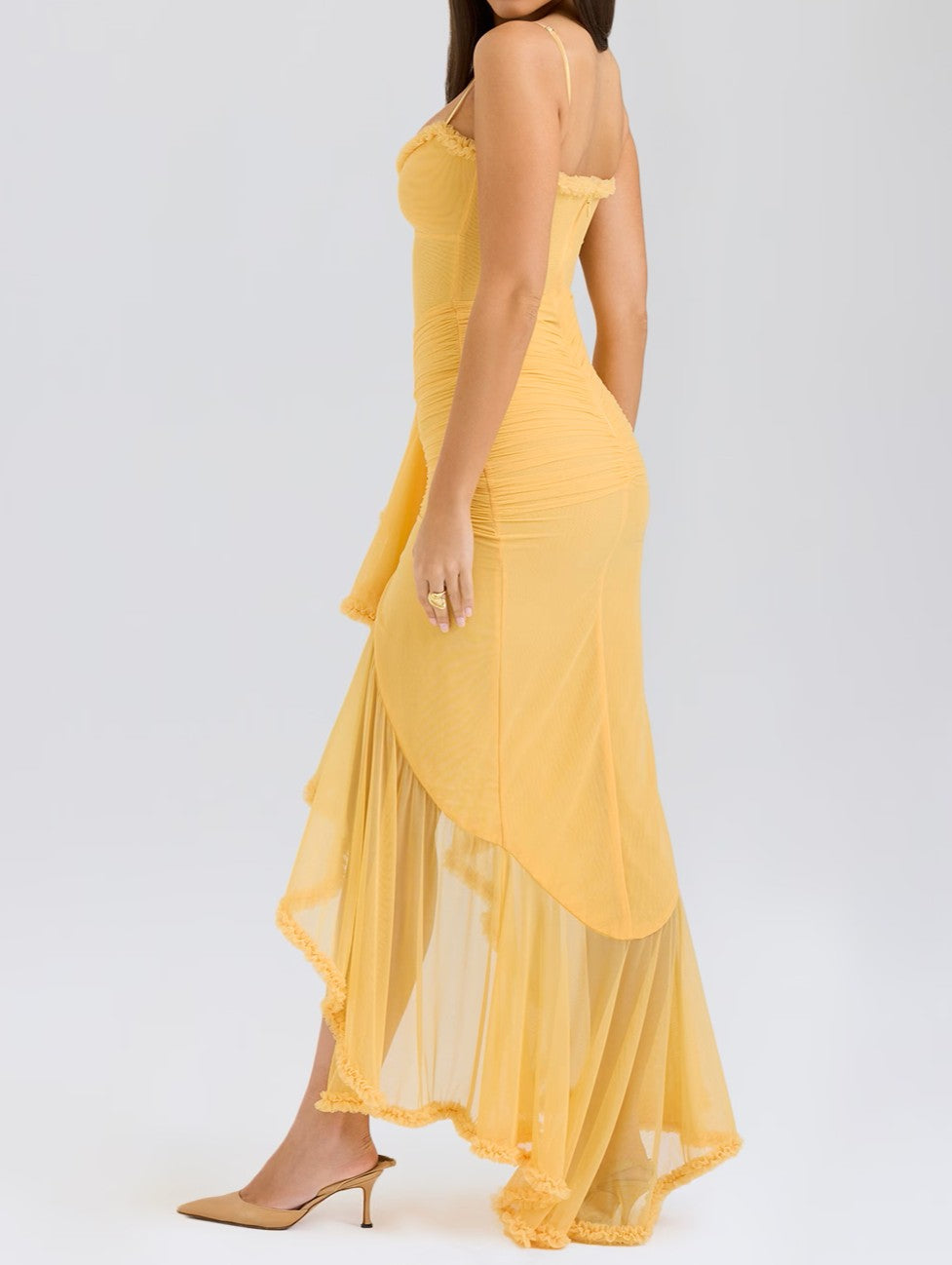 Spaghetti Strap Ruched Cascading Front Ruffle High Low Maxi Gown - View 3