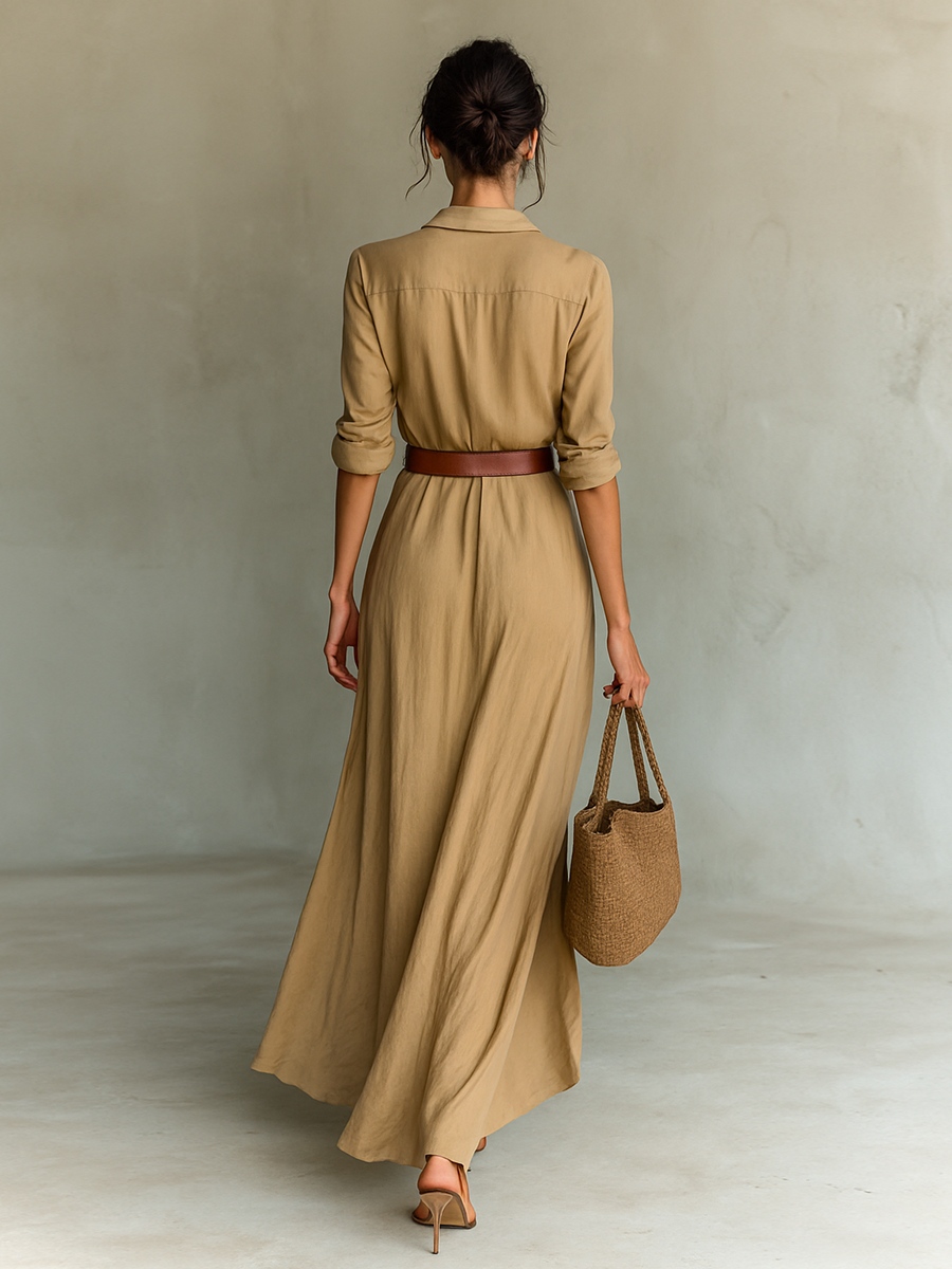 Collared Button Front Long Sleeve Ruched Wrap Maxi Shirt Dress 4