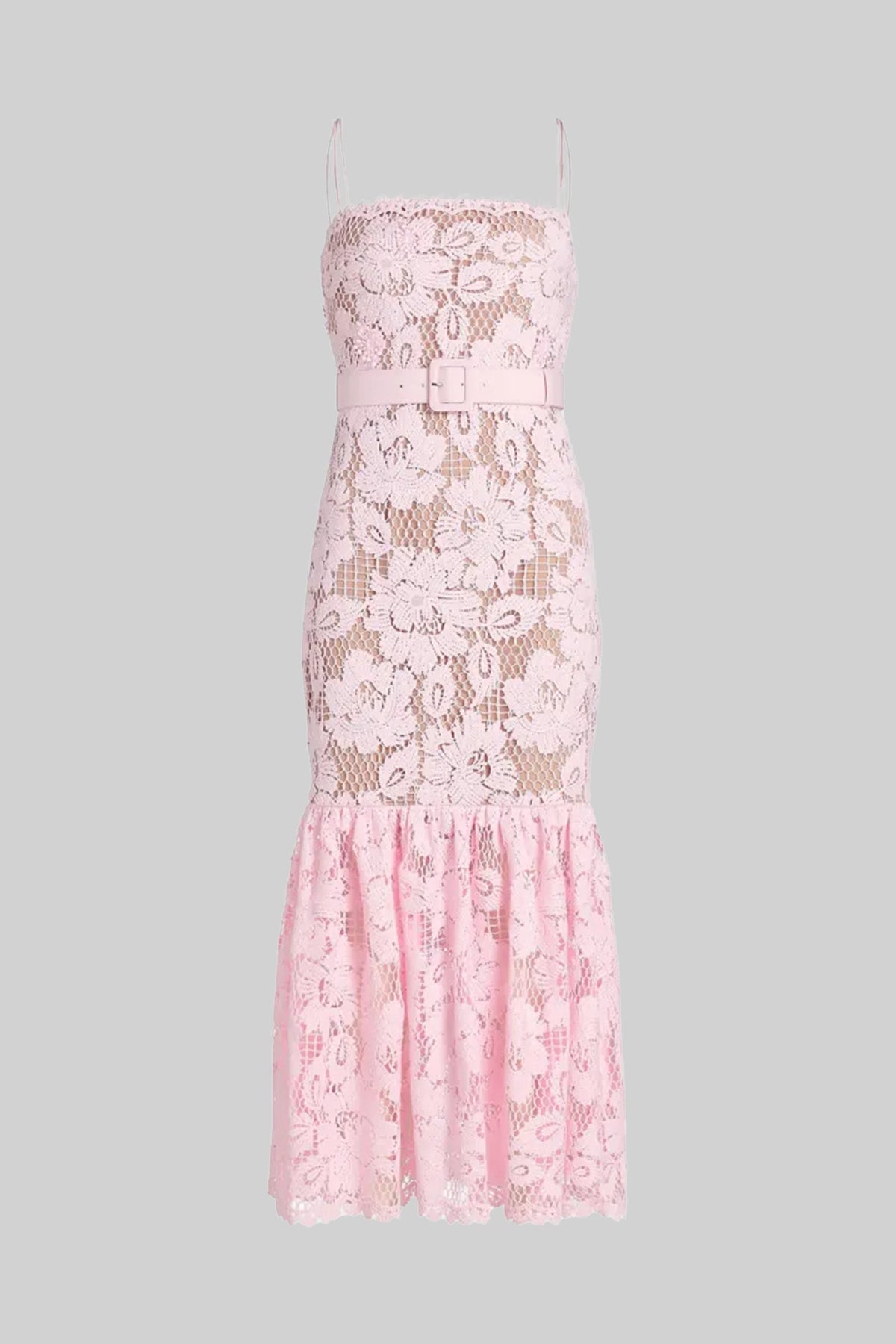 Lace Midi Dress With Belted Waist And Flounce Hem - Pink - View 5