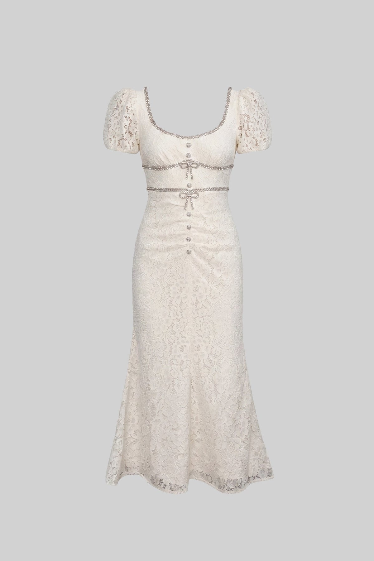 Lace Scoop Neck Rhinestone Trim Puff Sleeve Ruched Bodice Midi Dress - View 2