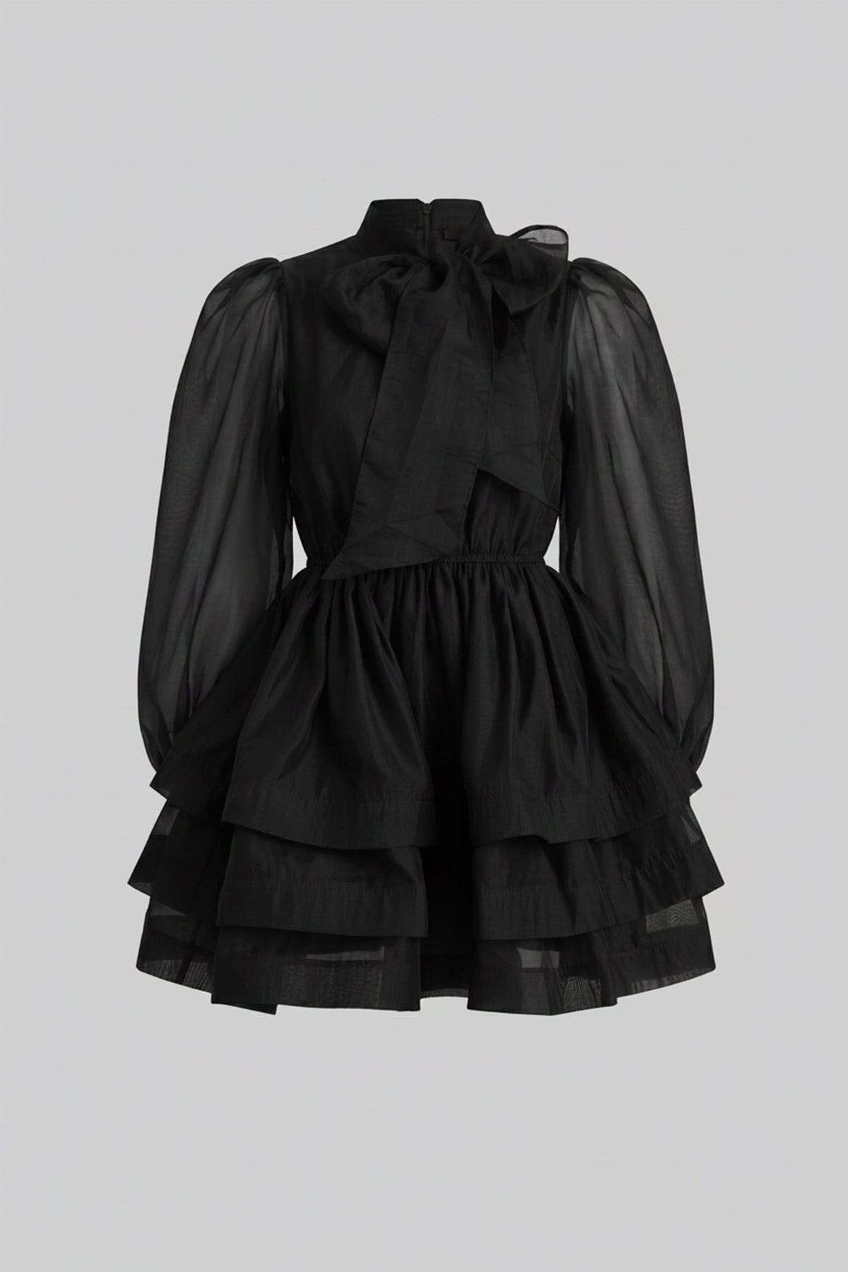 High-Neck Puff-Sleeve Mini Dress - Black - View 2