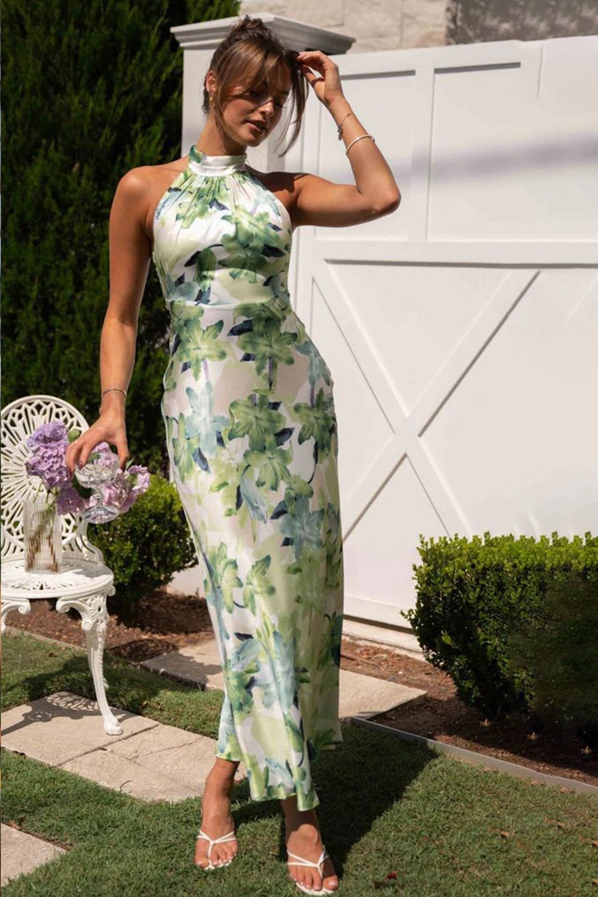 Satin Floral Print Halter Neck Backless High Split Maxi Dress - View 7