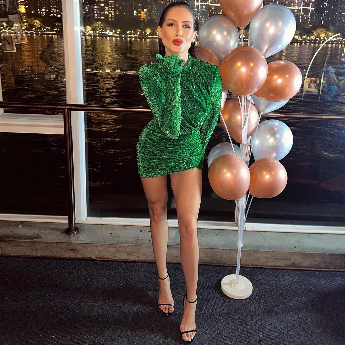 Sequin High Neck Long Sleeve Ruched Bodycon Mini Party Dress - View 7