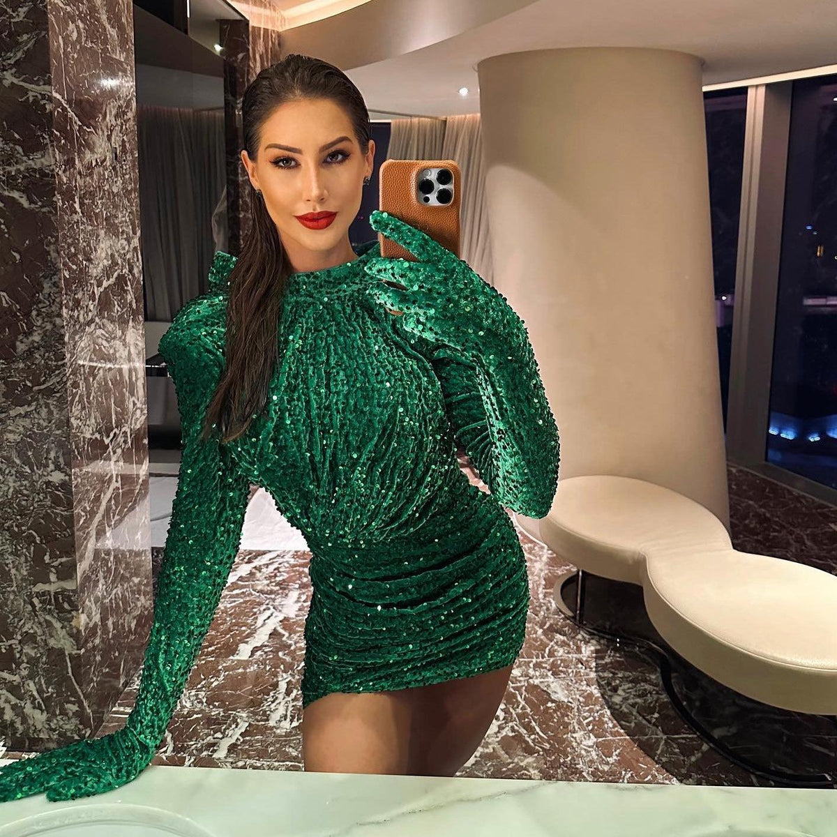 Sequin High Neck Long Sleeve Ruched Bodycon Mini Party Dress - View 9