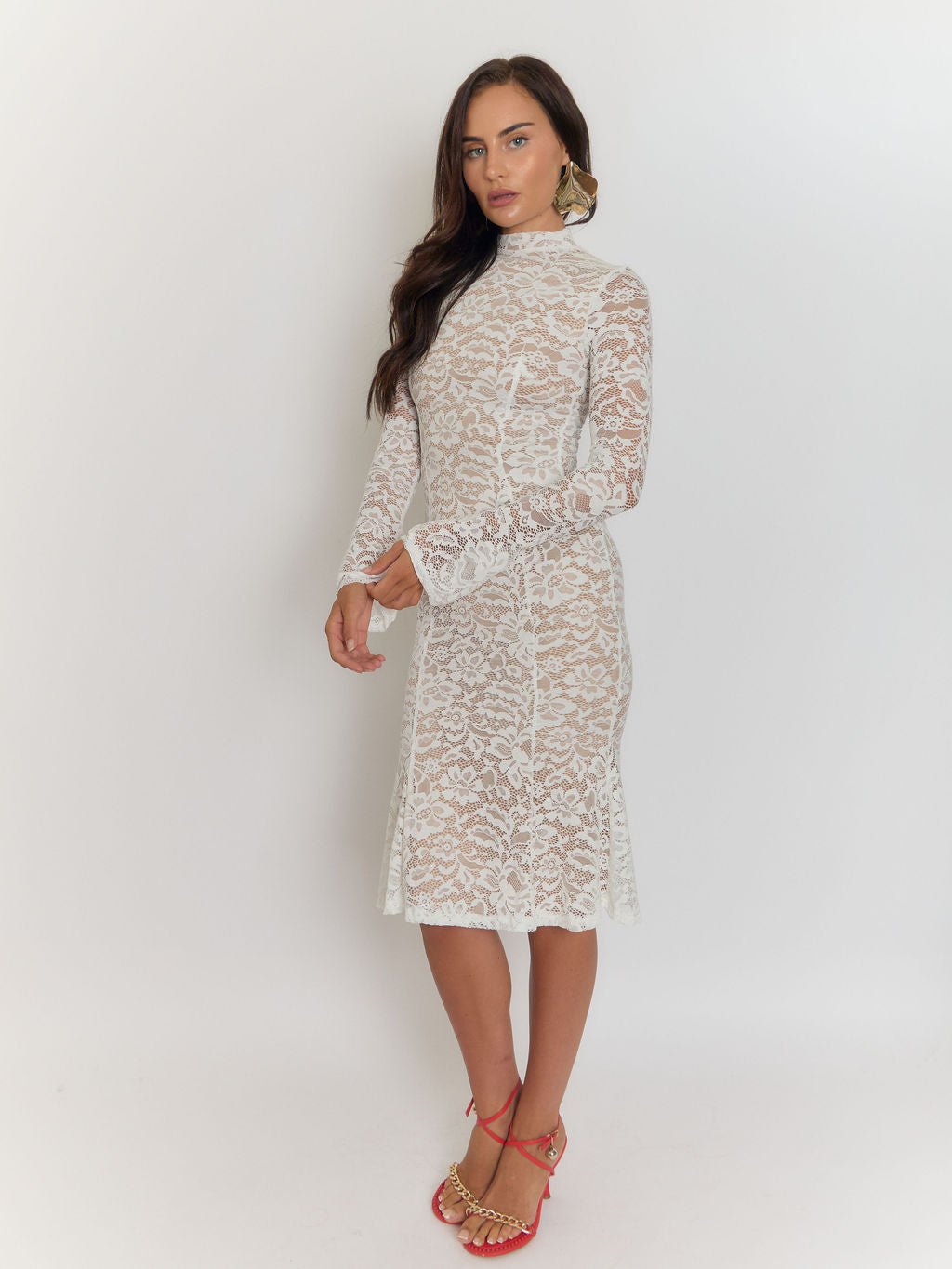 Giulia High Collar Lace Midi Dress in White - View 7
