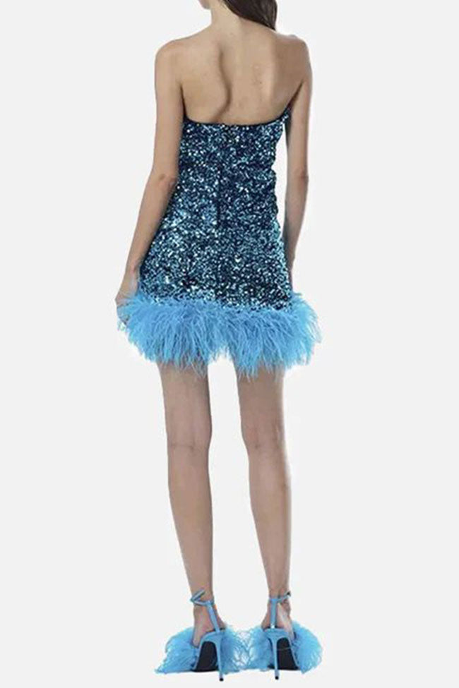 Sequin Strapless Feather Trim Bodycon Mini Dress - View 2