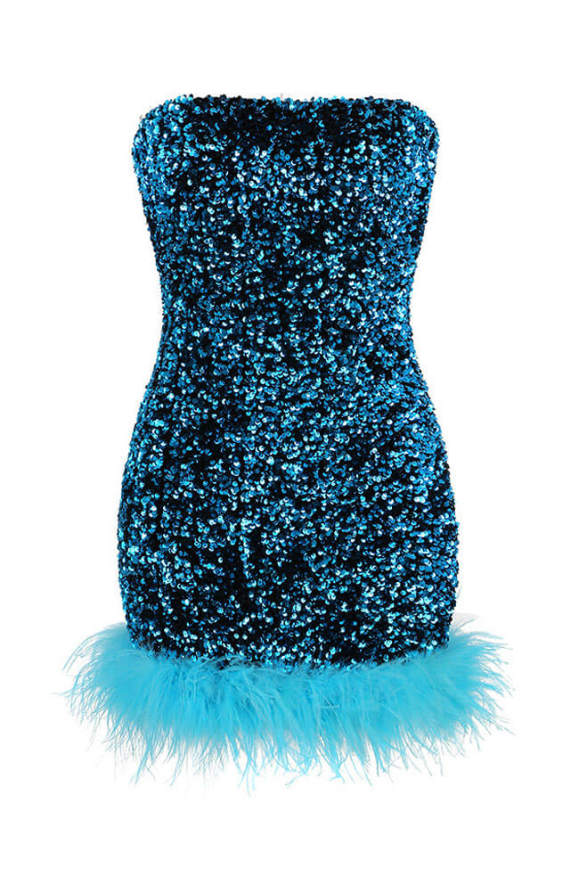 Sequin Strapless Feather Trim Bodycon Mini Dress - View 3