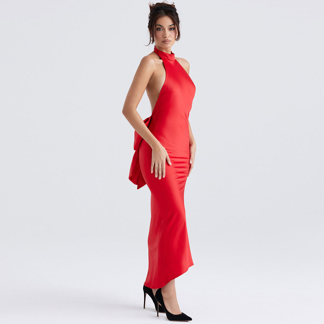 Bowknot Fishtail Sleeveless Backless Evening Maxi Dress - Red - View 2