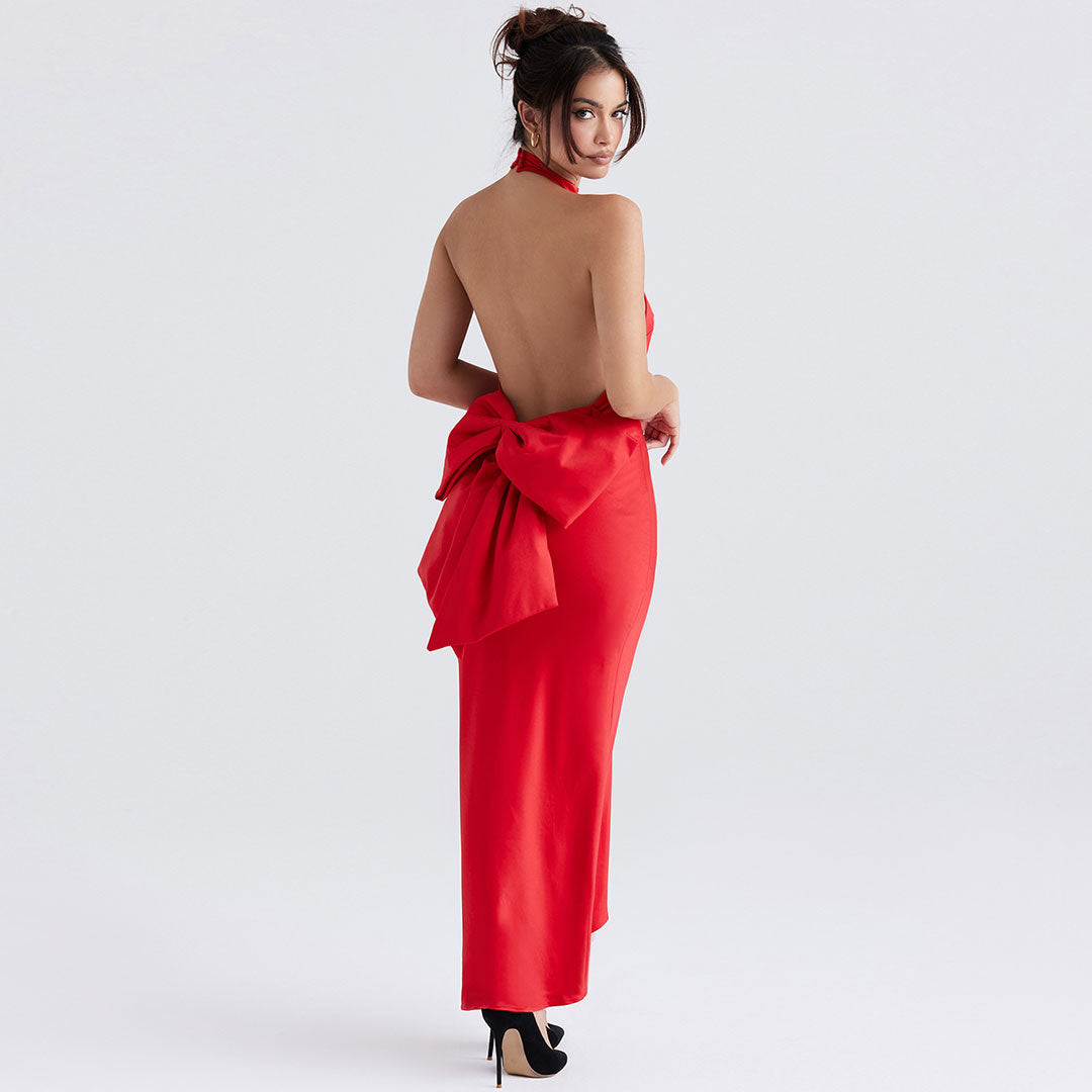 Bowknot Fishtail Sleeveless Backless Evening Maxi Dress - Red - View 3