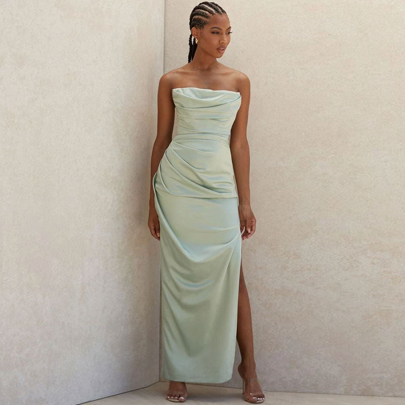 Cowl Neck Strapless Slit Maxi Evening Dress - Green - View 2
